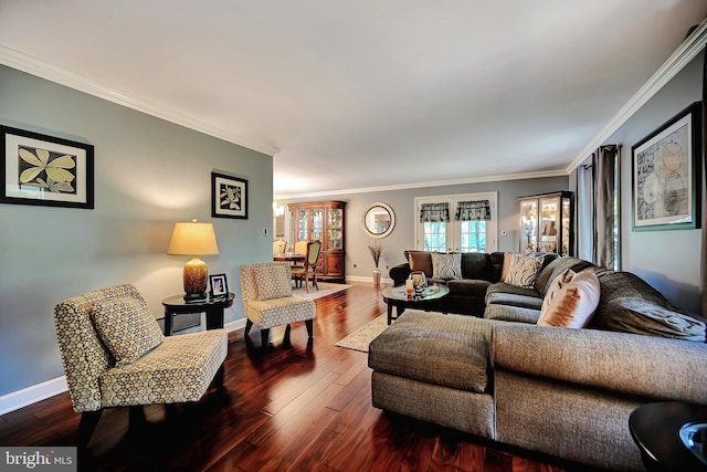 living room with ornamental molding and hardwood / wood-style floors