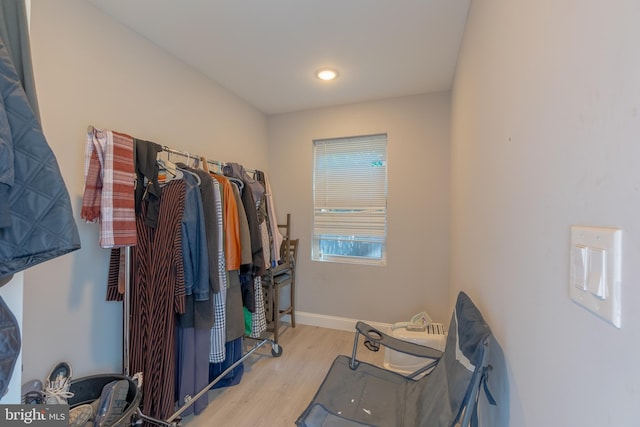 walk in closet with light wood-type flooring