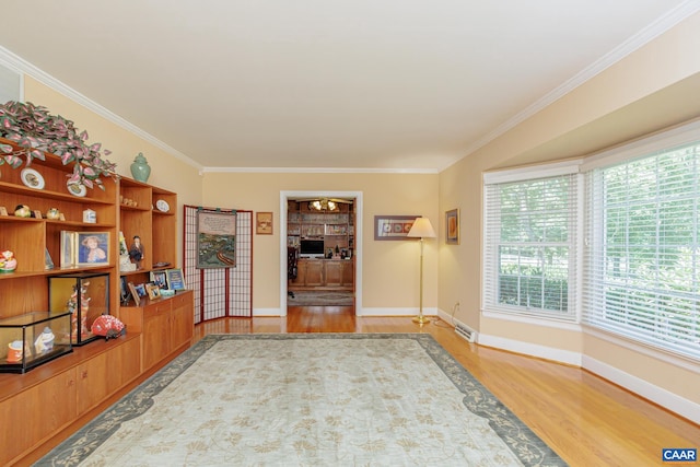 interior space with ornamental molding and light hardwood / wood-style flooring