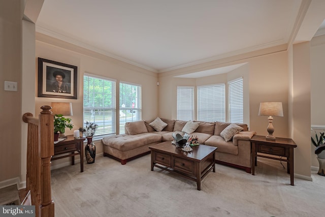 living room with light carpet and ornamental molding