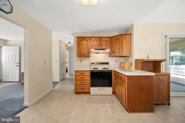 kitchen featuring light carpet and white range with electric stovetop