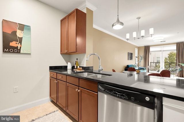 kitchen featuring sink, decorative light fixtures, crown molding, light tile patterned floors, and stainless steel dishwasher