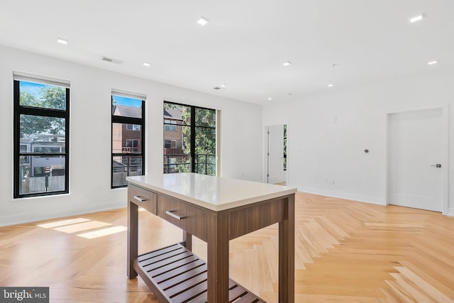 dining room featuring light parquet floors