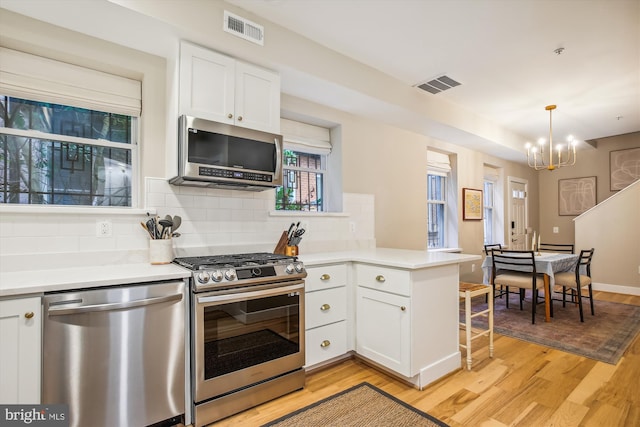 kitchen featuring appliances with stainless steel finishes, decorative backsplash, white cabinetry, kitchen peninsula, and light hardwood / wood-style flooring