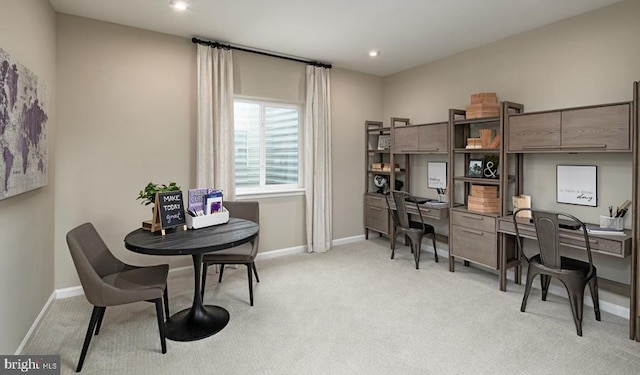 office with recessed lighting, baseboards, and light colored carpet