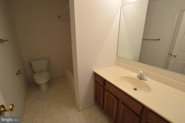 full bathroom with vanity, toilet, shower / tub combination, and tile patterned floors