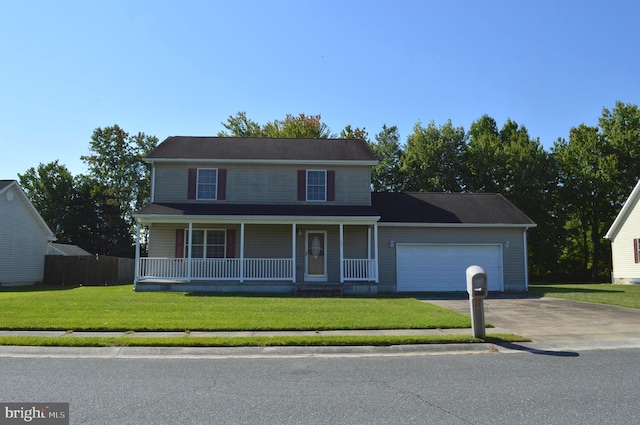 view of front of property featuring a garage, covered porch, and a front lawn