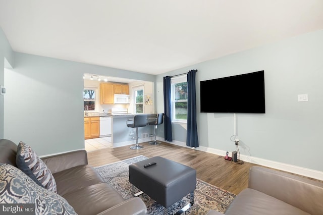 living room featuring sink and light wood-type flooring