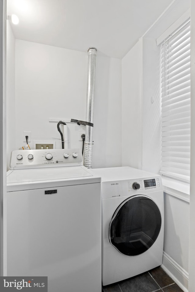 laundry room with washing machine and dryer and dark tile patterned floors