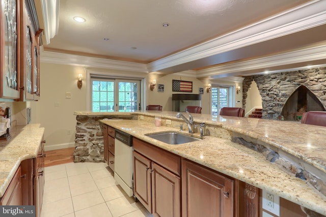 kitchen featuring sink, light hardwood / wood-style flooring, dishwasher, light stone countertops, and crown molding