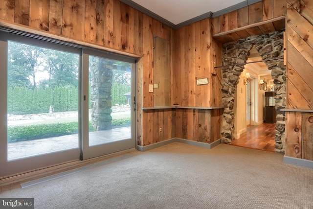 spare room featuring carpet floors, wood walls, and ornamental molding