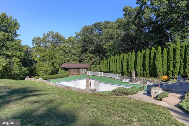 view of pool with a lawn