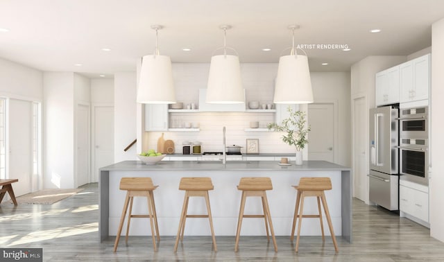 kitchen with a kitchen bar, open shelves, backsplash, appliances with stainless steel finishes, and white cabinets