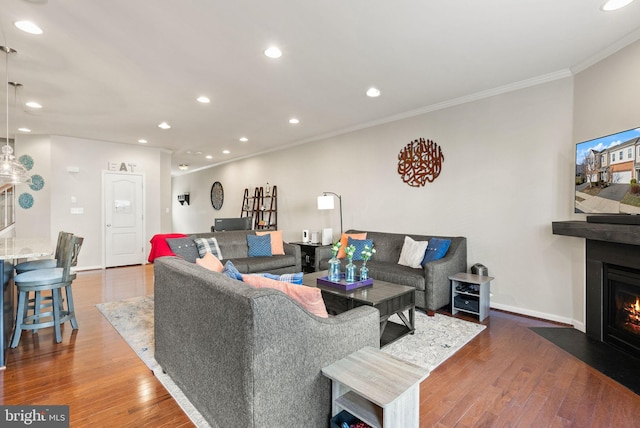 41930 Cushendall Ter, Aldie, VA 20105 - living area featuring ornamental molding, wood finished floors, recessed lighting, baseboards, and a fireplace with flush hearth