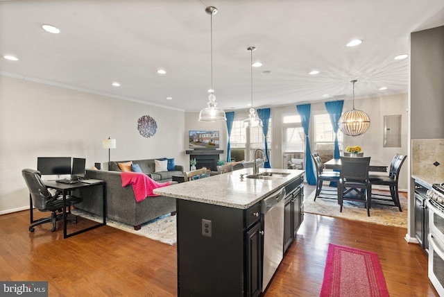 41930 Cushendall Ter, Aldie, VA 20105 - kitchen with a sink, stainless steel appliances, ornamental molding, dark cabinetry, and recessed lighting