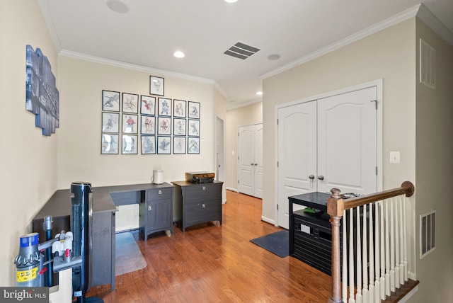 41930 Cushendall Ter, Aldie, VA 20105 - office area featuring ornamental molding, wood finished floors, and recessed lighting