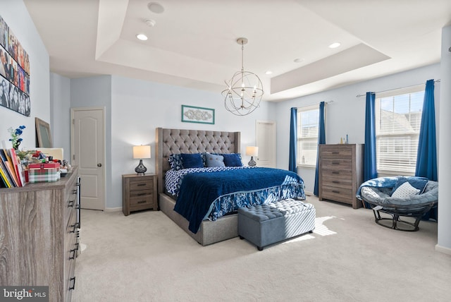 41930 Cushendall Ter, Aldie, VA 20105 - bedroom with a tray ceiling, light carpet, a chandelier, baseboards, and recessed lighting