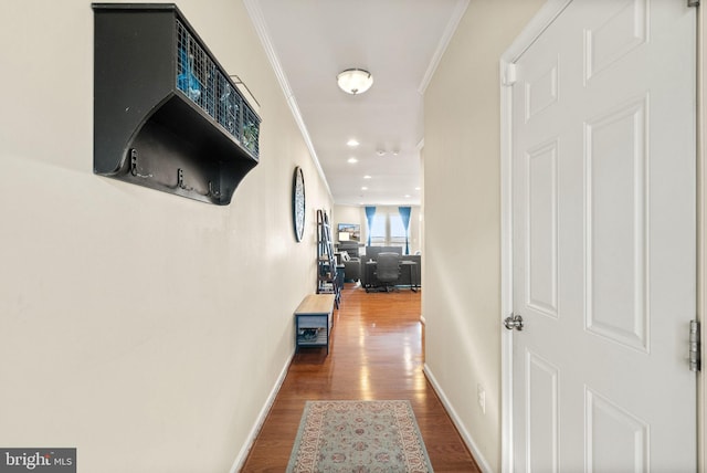 41930 Cushendall Ter, Aldie, VA 20105 - hall featuring ornamental molding, wood finished floors, baseboards, and recessed lighting