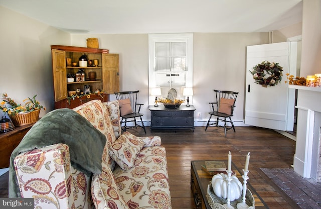 living room featuring a baseboard heating unit and dark hardwood / wood-style floors