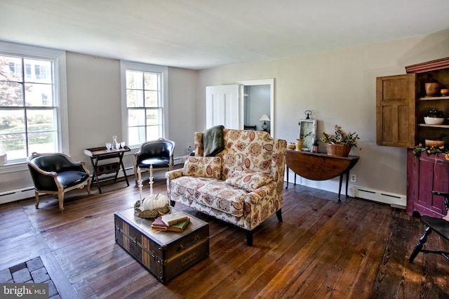 living room with a baseboard radiator and dark hardwood / wood-style flooring