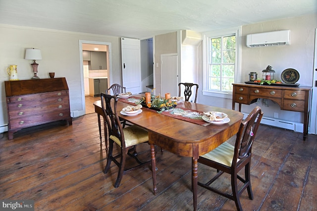 dining room with an AC wall unit, a baseboard heating unit, and dark hardwood / wood-style flooring