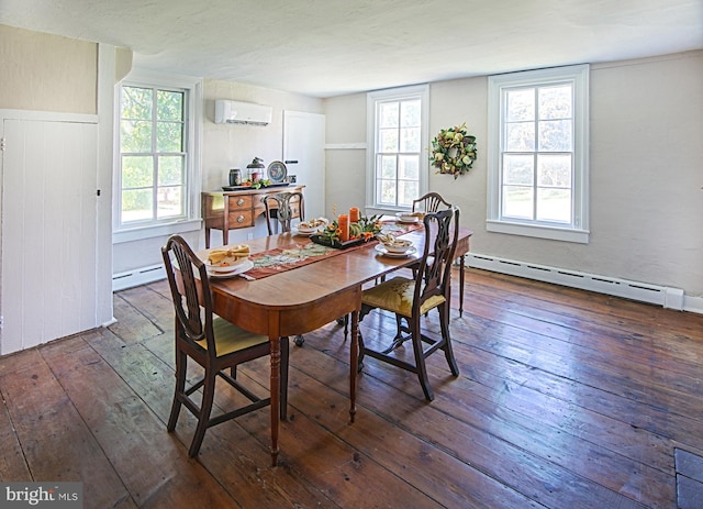 dining space with a baseboard heating unit, an AC wall unit, and dark hardwood / wood-style floors