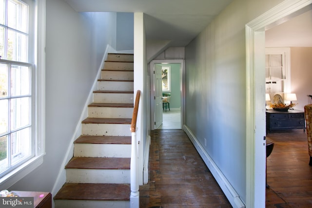 stairway with a healthy amount of sunlight, wood-type flooring, and a baseboard radiator