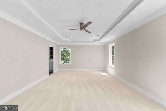 carpeted spare room featuring ornamental molding, a raised ceiling, and ceiling fan