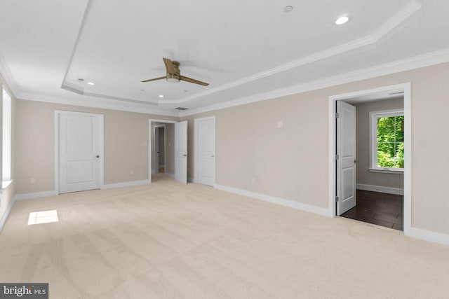 spare room featuring a tray ceiling, crown molding, and ceiling fan