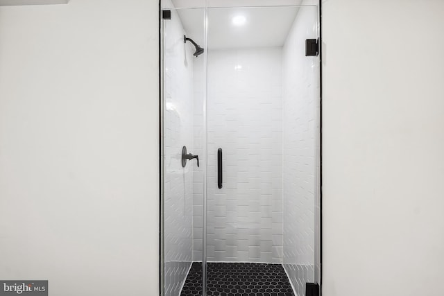 bathroom featuring a shower with door