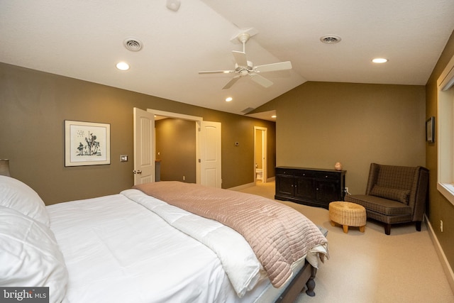 carpeted bedroom featuring vaulted ceiling and ceiling fan