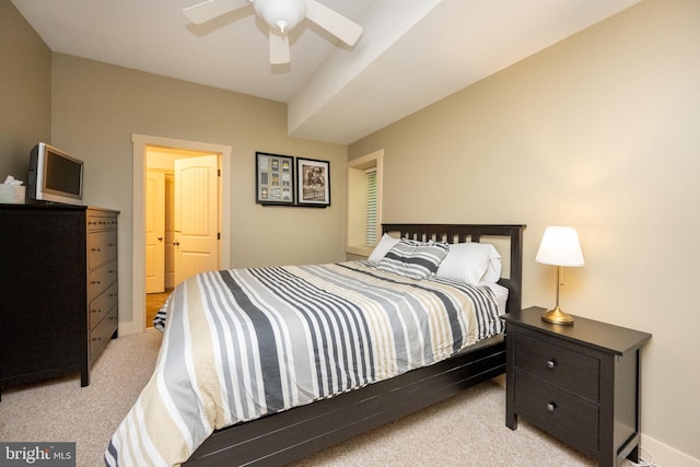 bedroom with light carpet and ceiling fan