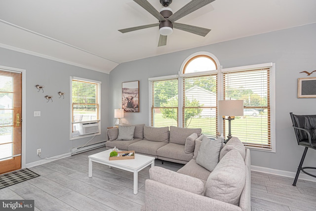 living room with light wood-type flooring, ceiling fan, lofted ceiling, and a baseboard radiator