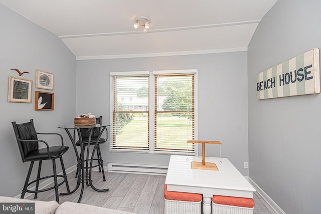 interior space with vaulted ceiling, a baseboard radiator, wood-type flooring, and a healthy amount of sunlight