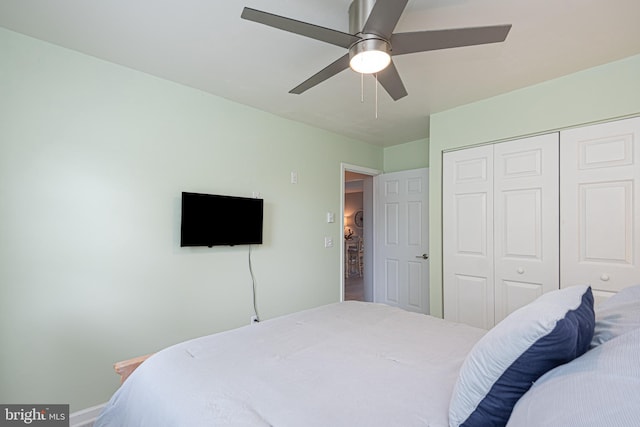 bedroom featuring ceiling fan and a closet