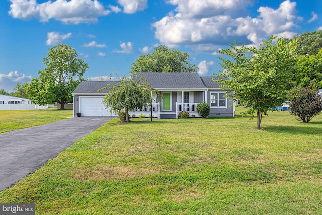 ranch-style house with a porch, a garage, and a front lawn