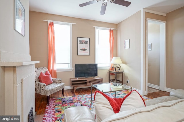 living room with wood-type flooring and ceiling fan