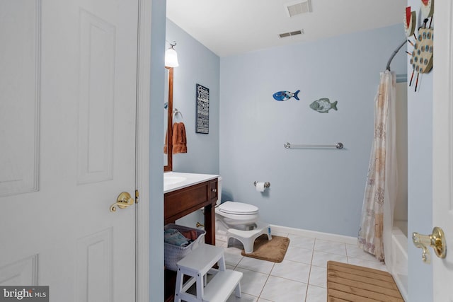 full bathroom featuring tile patterned flooring, toilet, shower / tub combo with curtain, and vanity