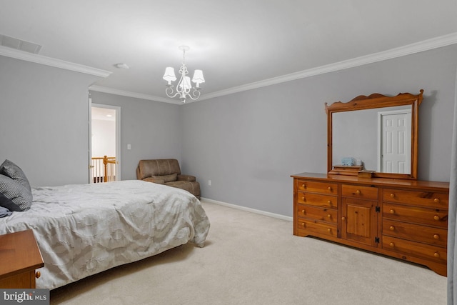 carpeted bedroom featuring an inviting chandelier and ornamental molding