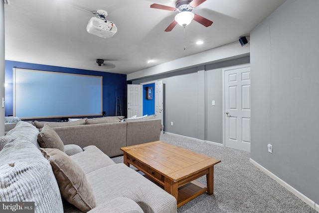 home theater featuring carpet flooring and ceiling fan