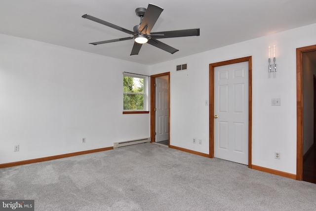 unfurnished bedroom featuring ceiling fan, light carpet, and a baseboard radiator