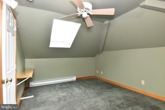 bonus room featuring a baseboard heating unit, dark colored carpet, ceiling fan, and lofted ceiling with skylight