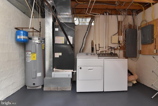 laundry area with separate washer and dryer, electric panel, heating unit, and electric water heater