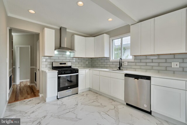 kitchen with white cabinets, sink, wall chimney exhaust hood, tasteful backsplash, and stainless steel appliances