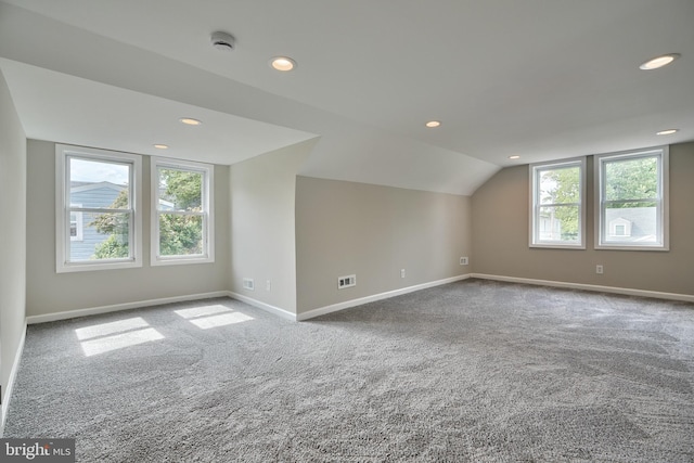 additional living space featuring a wealth of natural light, carpet floors, and vaulted ceiling