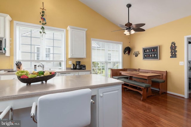 kitchen featuring a healthy amount of sunlight, wood-type flooring, and white cabinets