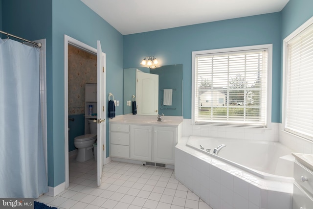 full bathroom with vanity, toilet, independent shower and bath, and tile patterned flooring