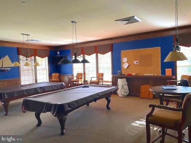 playroom with pool table and carpet flooring