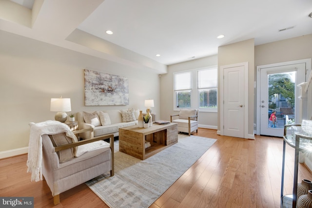 living room featuring light wood-type flooring and a healthy amount of sunlight