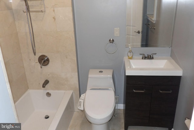 full bathroom featuring tile patterned floors, tiled shower / bath combo, vanity, and toilet